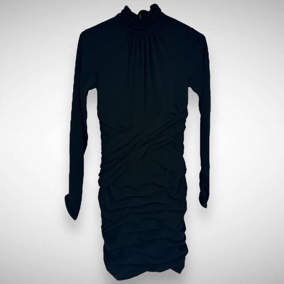 Cinq a Sept Amar Black Open Back Ruched Cross Over Stretch Mini Dress Size 2 - Picture 2 of 10